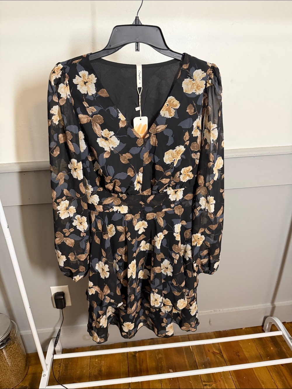 Floral V-Neck Long Sleeve Dress - Black and Tan; semi sheer sleeves.
